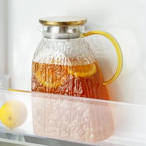 Baffect Water Pitcher, High Borosilicate Glass Jug with Stainless Steel Lid, Leakproof Fridge Door Carafe for Hot or Cold Beverage Vertical Pattern (1.8 L/ 63 oz.)