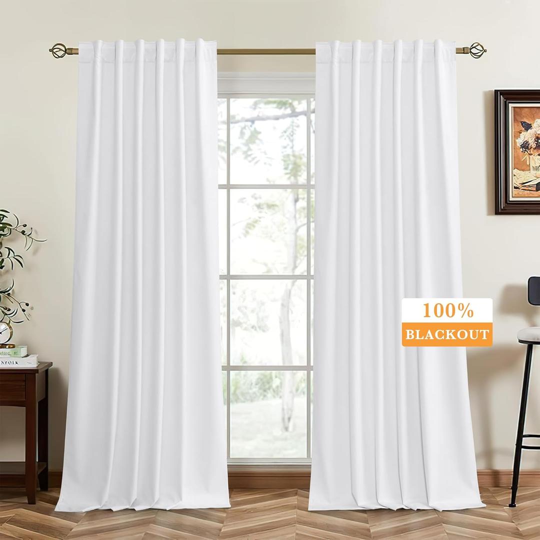 RYB HOME 100% Blackout White Velvet Curtains for Bedroom, Back Tab and Rod Pocket Thermal Insulated Room Darkening Curtains for Living Room Nursery, White, 52W x 96L, 2 Panels