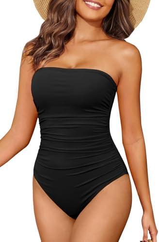 Holipick Women Tummy Control One Piece Swimsuits Strapless Bandeau Bathing Suits Slimming Halter Swimwear, S