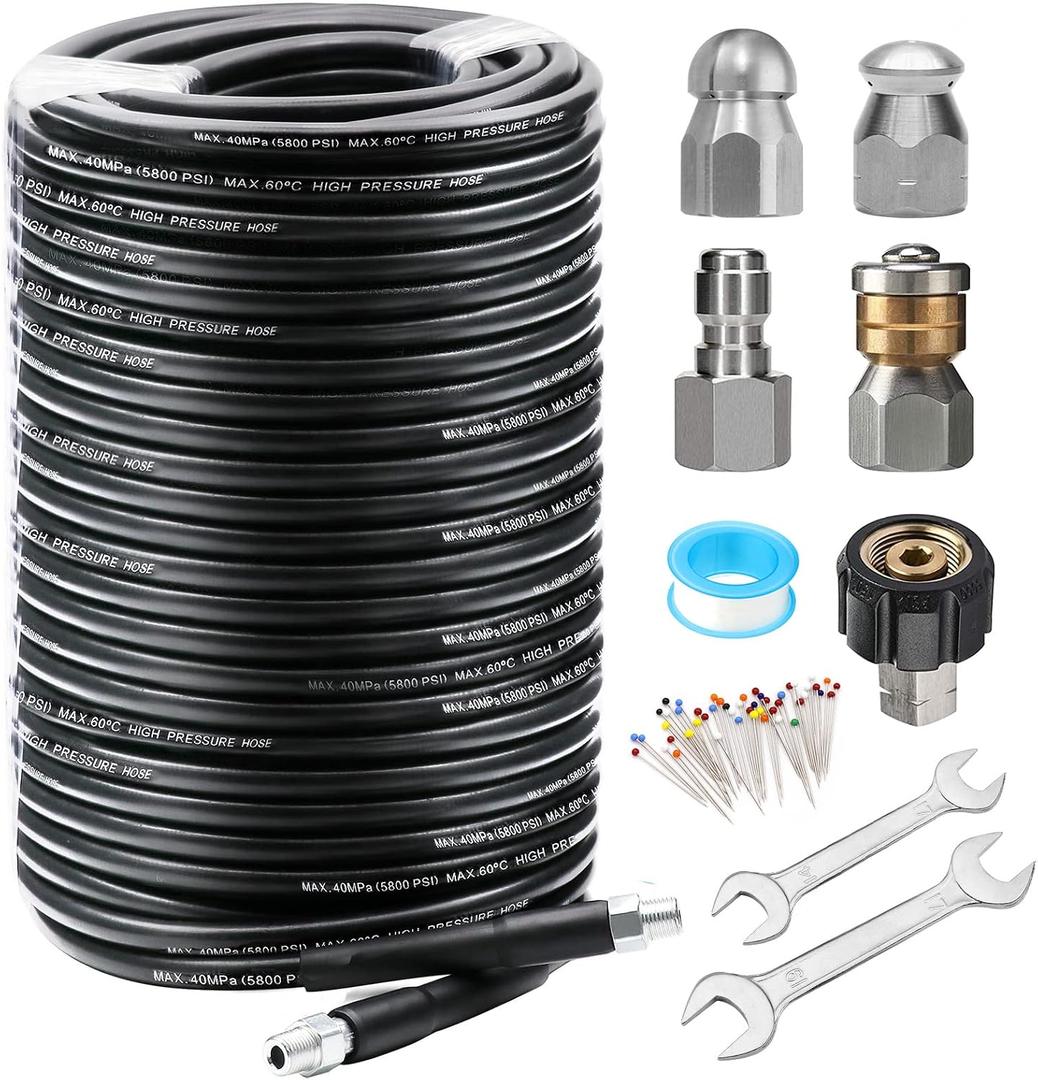 West Bay 200FT Sewer Jetter Kit for Pressure Washer, 5800PSI Drain Cleaner Hose 1/4 Inch NPT, Corner, Rotating and Button Nose Sewer Jetting Nozzle Waterproof Tape Pearl Corsage Pin with 2Pcs Spanner