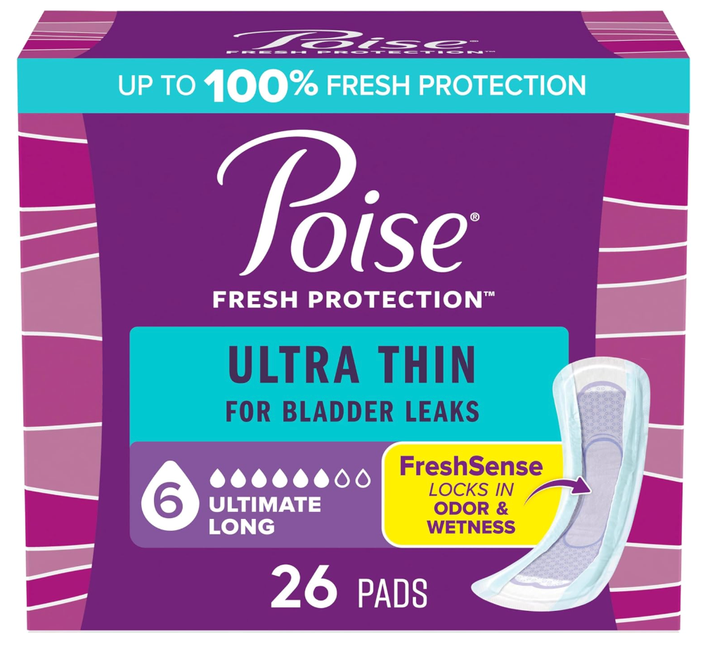 Poise Ultra Thin Incontinence Pads & Postpartum Pads for Bladder Leaks, 6 Drop Ultimate Absorbency, Long Length, 78 Count