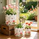 Set of 3 Vintage Floral Metal Planters Rustic Flower Pots with Wooden Handle, Farmhouse Decorative Floral Buckets for Dried Flowers, Faux Plants, Home Garden Decor