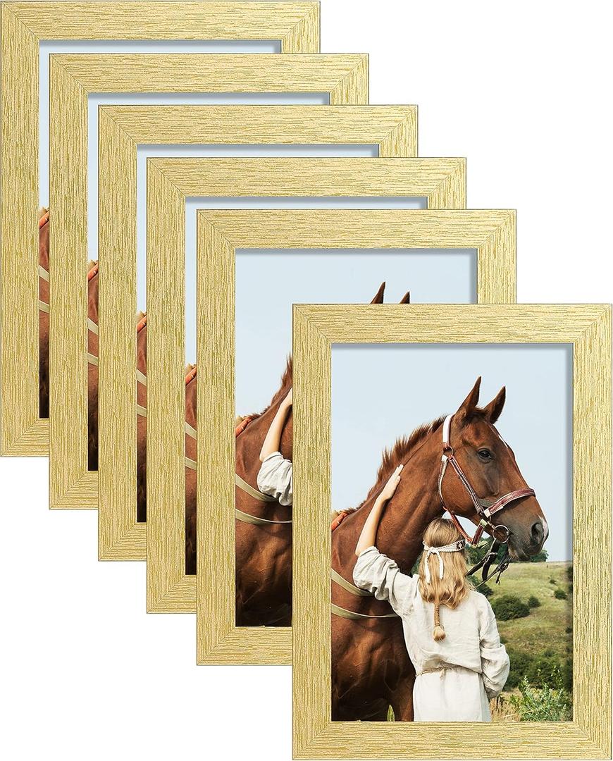 ELSKER&HOME 4x6 Picture Frame Gold Set of 6 - Multi Photo Frames Collage with HD Real Glass for Table Top or Wall Mount Display