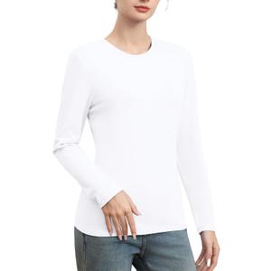 Cotton Long Sleeve Shirts for Women Slim Fit Basic Tees Underscrub Tshirts Crewneck Undershirts Casual Plain Tops (Medium, White)
