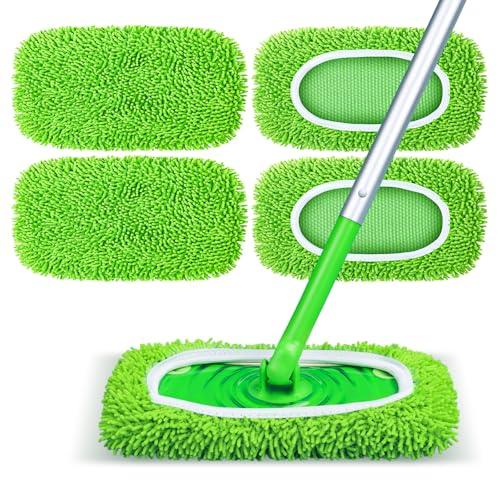 Reusable Mop Pads Fit Swiffer Sweeper, 4-Pack Microfiber Mop Replacement Pads, Washable Wet Mopping Cloths & Dry Sweeping Chenille Pads Refill for Floor Cleaning