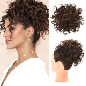 HOOJIH Curly Hair Bun, Messy Bun Hair Piece Elastic Drawstring Loose Wave Messy Large Full Bun Extension Hairpiece Short Synthetic Ponytail Extension for Women - Dark Brown with Light Auburn (1 Pack)