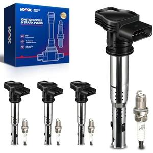 KAX 4-Pack Ignition Coils and Iridium Spark Plug Set for Audi A3 A4 A5 A6 Q5 R8 TT TTS RS4 RS5 allroad, Volkswagen Jetta Passat Tiguan Beetle CC Golf GTI Eos Beetle Golf R, UF575