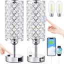 Hong-in Crystal Lamp Touch Control Set of 2, Sliver Crystal Table Lamps with USB C+A Ports & AC Outlet, 3-Way Dimmable Nightstand Touch Lamp, Modern Bedside Table Lamp for Bedroom(Bulbs Included)