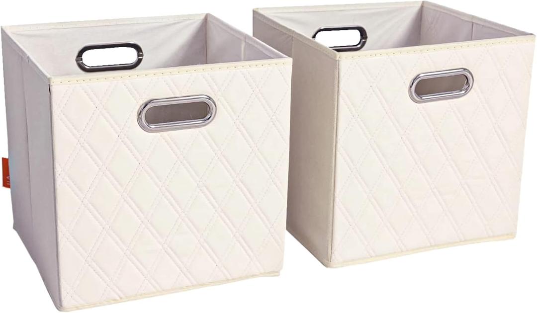 11 inch Beige Foldable Diamond Patterned Faux Leather Storage Cube Bins Set of Two with Handles for living room, bedroom and office storage