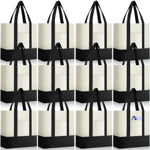 Sanwuta 12 Pcs Canvas Tote Bags Bulk with Outer Pocket Small Sublimation Blank Canvas Tote Reusable Grocery Bag for Women, DIY Craft (Black)