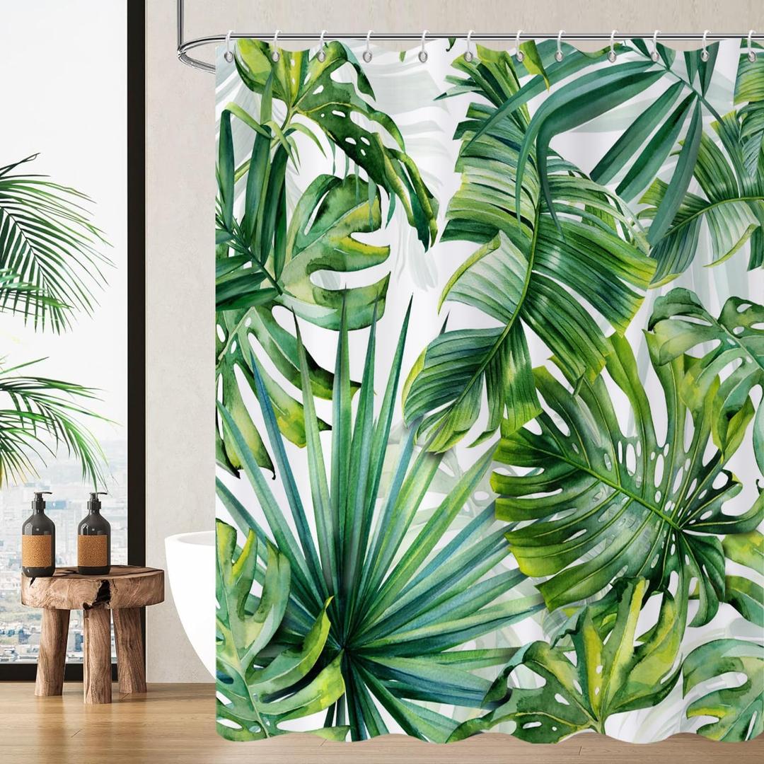 Tropical Leaf Shower Curtain, Green Tropical Palm Leaves Monstera Banana Leaves Bathroom Curtain Waterproof Fabric Machine Washable with Hooks, 72" Wx72 L