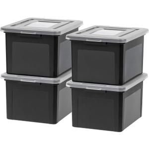IRIS USA File Box, Plastic File Organizer with Lids for Letter/Legal File, Portable Document Box For Moving, Storage Bin with Durable and Secure Lid, Stackable Nestable BPA-Free, Black 35 Qt. 4 Pack