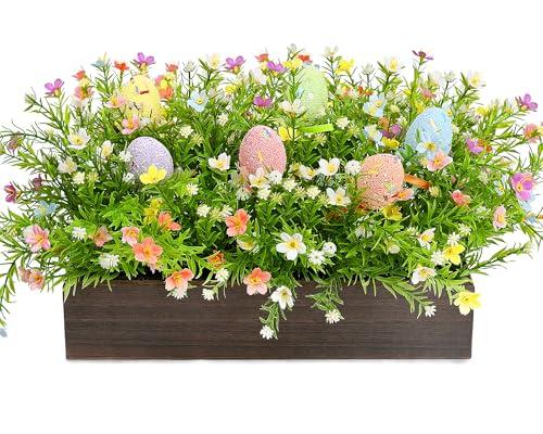 Scawim Spring Flower Table Centerpieces, Pre-Made Artificial Flowers Centerpiece Decor with Egg for Spring Floral, Farmhouse Table Decoration with Wooden Tray for Home Office Dining Room Party