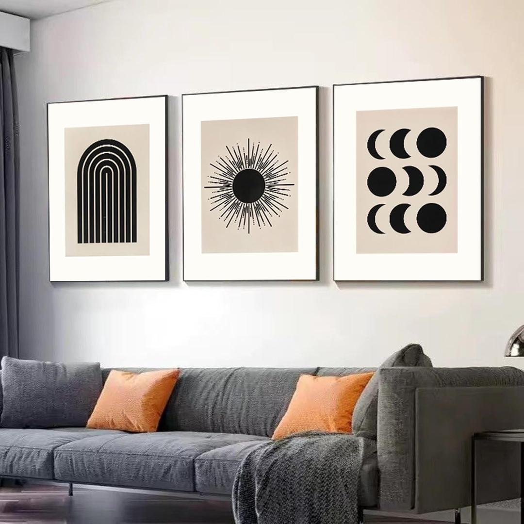 Modern Black Framed Canvas Wall Art Set,Black and White Beige Sun Moon Geometric Design Art Painting,Abstract Nature Artwork,Large Boho Wall Decor for Living Room,Bedroom,Office-24''x32''x3piece