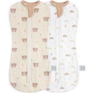 Baby Swaddle 0-2 Months, Cotton Arm-In Zipper Sleep Sack, Wearable Blankets Wrap for Newborn Infant Girls, Boys (Bear, Star Moon, Pack of 2)