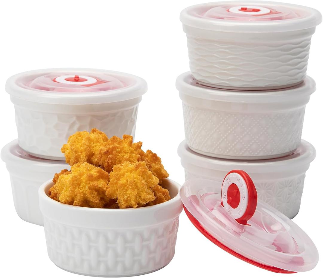 Ramekins with Lids 4 oz White Embossed Creme Brulee Ramekins Ceramic Oven Safe Pudding Cups, Set of 6 Porcelain Custard for Baking Dishwasher