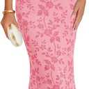 MEROKEETY Women Summer Floral Wedding Guest Maxi Dress 2026 Formal Short Sleeve Square Neck Bodycon Cocktail Party Long Dress (Pink, S)
