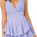 Hocuos Women's Dress Sexy V-Neck Adjustable Spaghetti Strap Waist Tie Sleeveless Layer Ruffle Hem A Line Mini Dresses (Purple), Small