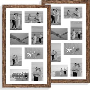 Hongkee 12x22 Picture Frame Set of 2, Rustic Brown with Glass Collage Frame, Display Eight Opening 4x6 Photos With Mat or 12 x 22 Newspaper Without Mat - Horizontal or Vertical Wall Mounting, 12x22 in matted to 8-4x6