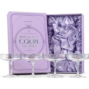 Vintage Art Deco Iridescent Coupe Glasses | Set of 4 | 7 oz Rainbow Colored Cocktail Glassware for Drinking Champagne, Martini, Cosmopolitan | Crystal Speakeasy Style Saucers