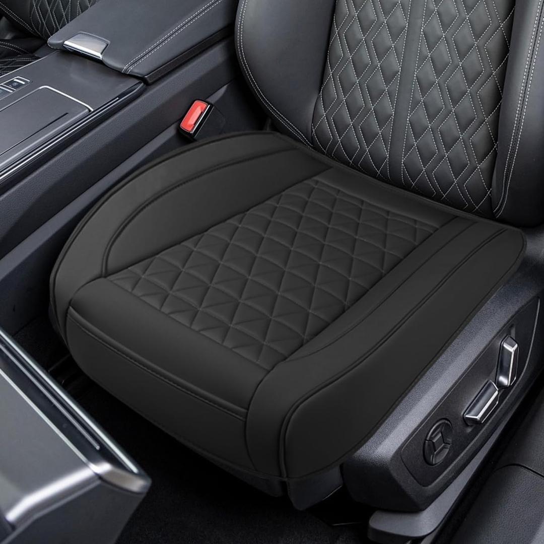 Luxury Faux Leather Car Seat Cover, Anti-Slip Waterproof Universal Front Bottom Seat Protector with Storage Pocket, Triangular Pattern Vehicle Seats Cushion for Sedans, SUVs, Trucks (Black)
