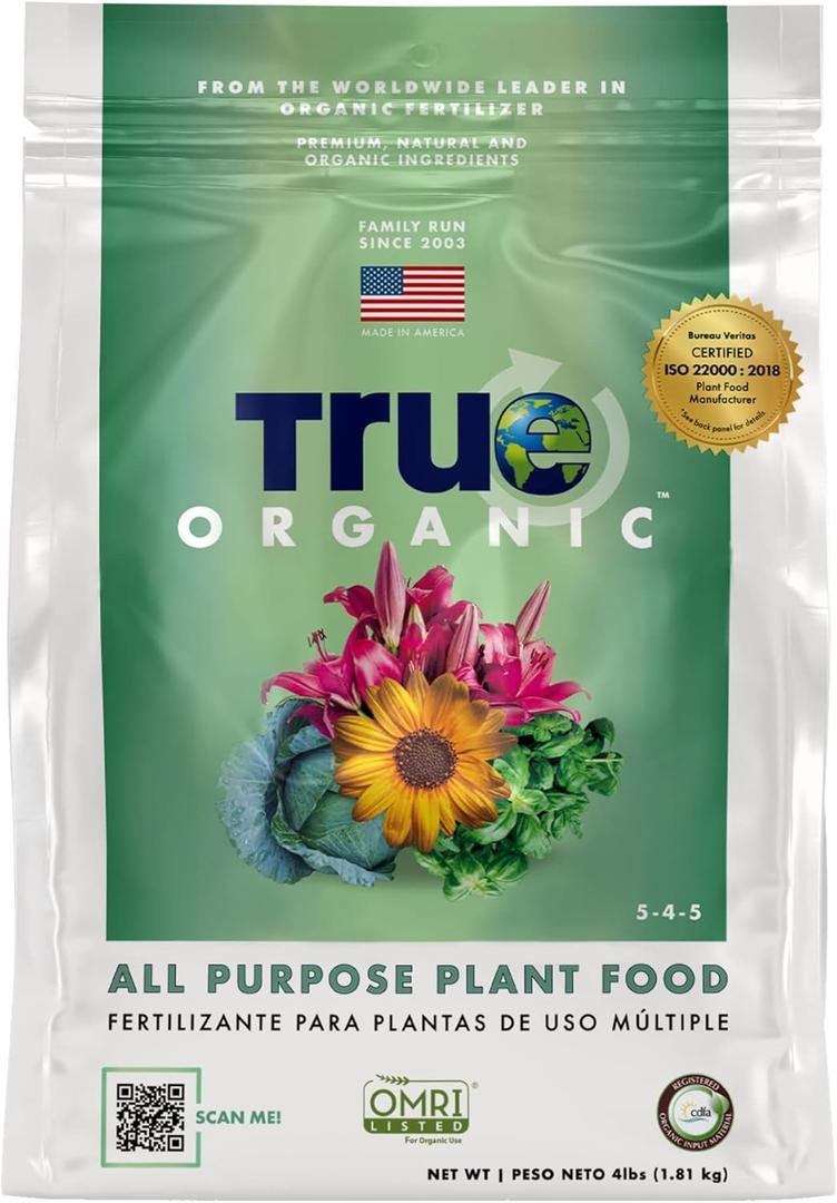 True Organic All Purpose Plant Food  Organic Fertilizer for Fruits, Vegetables, Flowers, and Herbs  4lb Bag Covers 87 sq. ft.