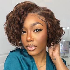 WIGER Human Hair Curly Wigs Mixed Brown Curly Bob Hair Wig with Highlights Short Curly Lace Front Wigs for Black Women 8 Inch Glueless Curly Pixie Cut Wig 150% Density Side Part