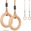 YAERSI Wooden Gymnastics Rings,Pull up Rings with Adjustable Buckle, Wooden Swing Rings for Kid's Home Exercise
