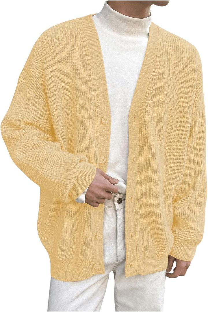 Floerns Men's Casual Long Sleeve Button Front V Neck Rib Knit Cardigan Sweaters (Large, Light Yellow)