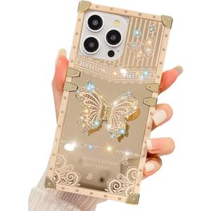 Cute Compatible with iPhone 13 Pro Max Case, Luxury Bling Butterfly Design with Foldable Stand Kickstand for Women & Girls, Glossy Mirror Shockproof Protective Case 6.7 (Gold)