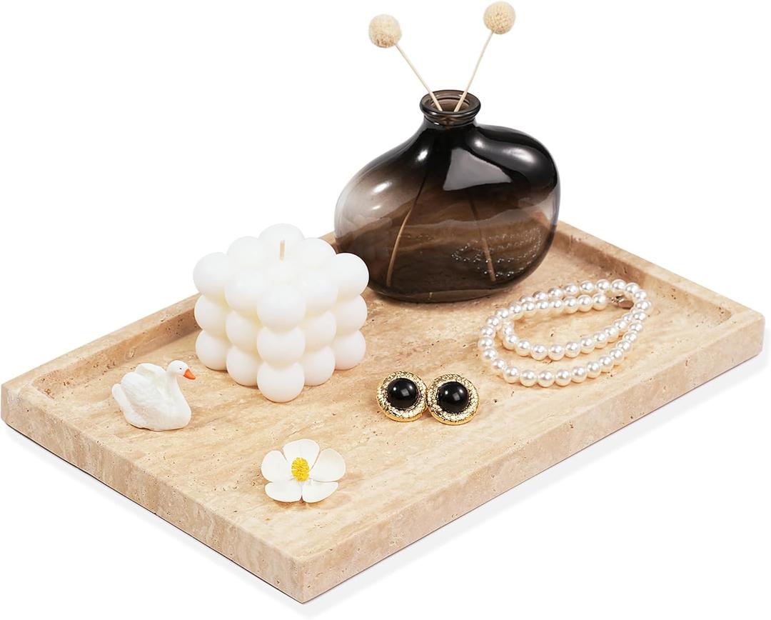 Large Travertine Marble Tray - Square Decorative Stone Vanity Perfume Plates for Bathroom Accessories Coffee Table Bar, Dresser Dish for Kitchen Countertop (11.8" x 7.9" x 0.8")