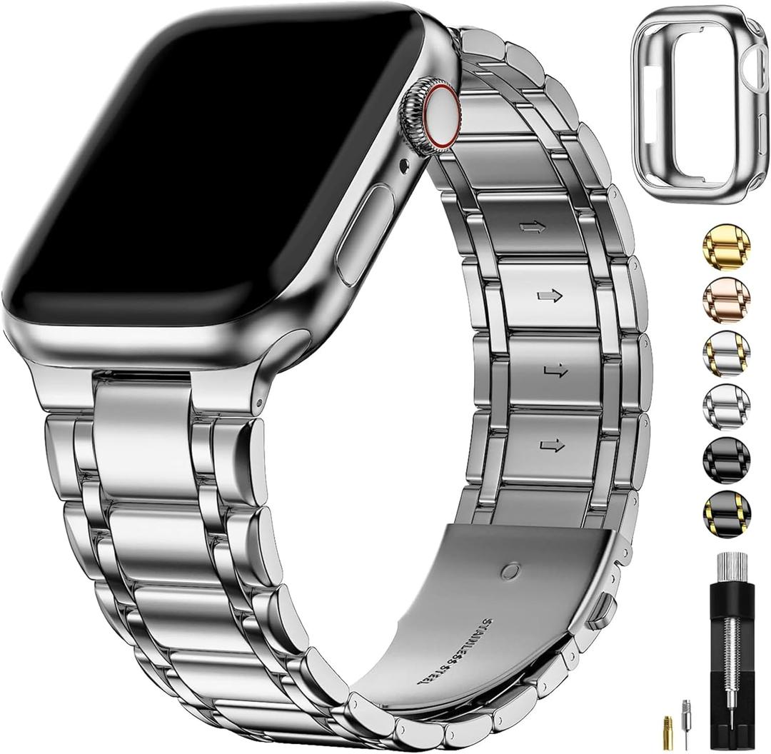 Fullmosa Bands Compatible Apple Watch 46mm 45mm 44mm 42mm 49mm 41mm 40mm 38mm, Stainless Steel iWatch Band with Case for Apple Watch Ultra Series 10 9 8 7 6 5 4 3 2 1 SE,42mm 44mm 45mm Silver