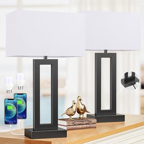 Seealle 22" Tall Living Room Lamps for Night Stands - Touch Bedside Lamp with USB C+A, 3 Way Dimmable Bedroom Lamps for End Tables Set of 2, Modern Night Stand Lamps for Bed Side(White & Black)