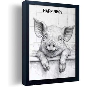Orvannaatr Minimalist Bathroom Wall Decor, Happy Pig Wall Art in Picture Frames, Hilarious, Fun Bathroom Animal Art, Black and White Canvas Prints can be Hung Directly - Frame, 8 "x 10