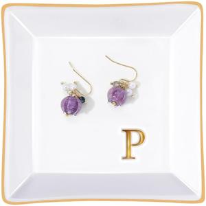 PUDDING CABIN Initial Ring Holder Jewelry Tray, Personalized P-Monogrammed Engagement Wedding Gifts for Bridesmaid, Bride, Birthday Christmas Gifts for Women, Mom, Friends, Sisters, Ceramic White