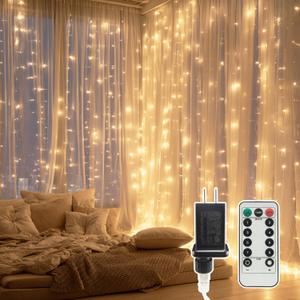 9.8x19.6Ft Curtain String Lights Plug in,600 Warm White LED Curtain Lights with Remote,Timer,Memory,Waterproof Clear Wire for Indoor Outdoor Bedroom Window Decor