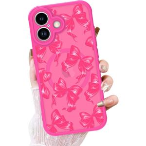 OOK Phone Case Design for iPhone 17 Case, Compatible with MagSafe, Cute Bows Design Frosted Shockproof for Women Girls Magnetic Phone Cover - Hot Pink Bow