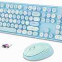 Wireless Keyboard and Mouse Combo, Ergonomic Full Size Typewriter Retro Round Keycaps Keyboard, Compatible with Windows, PC, Perfer for Home and Office Keyboards (Blue)