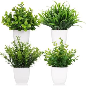 Yoratee 4 Pot Small Fake Plant Flowerpot Artificial Plastic Eucalyptus Plant Wheat Grass Shrub Plant Indoor Desk Coffee Table Bathroom Bedroom Home Decoration (4)