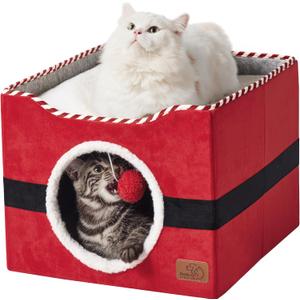 Bedsure Cat Beds for Indoor Cats - Large Cat Cave for Pet Cat House with Fluffy Ball Hanging and Scratch Pad, Foldable Cat Hideaway, 16.5x16.5x13 inches, Red (Single)
