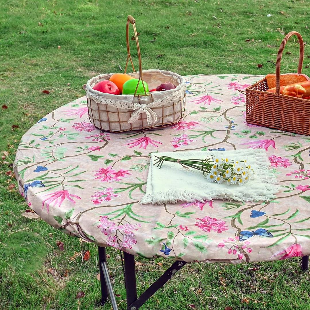 Round Flower Pink Tablecloth, Waterproof Vinyl Tablecloths with Flannel Backing for Table, Wipeable Spillproof Plastic Table Cloth for 45"-56" Tables