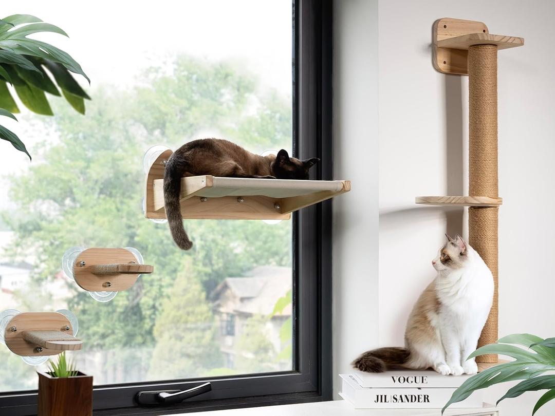 Cat Window Perch and Cat Wall Shelves 2 in 1,Cat Hammock,Steps and 3 Layers Large Cat Perch Bed for Wall and Window.Solid Wood Cat Wall Mounted Furniture &18 Pcs Strong Window Suction Cups