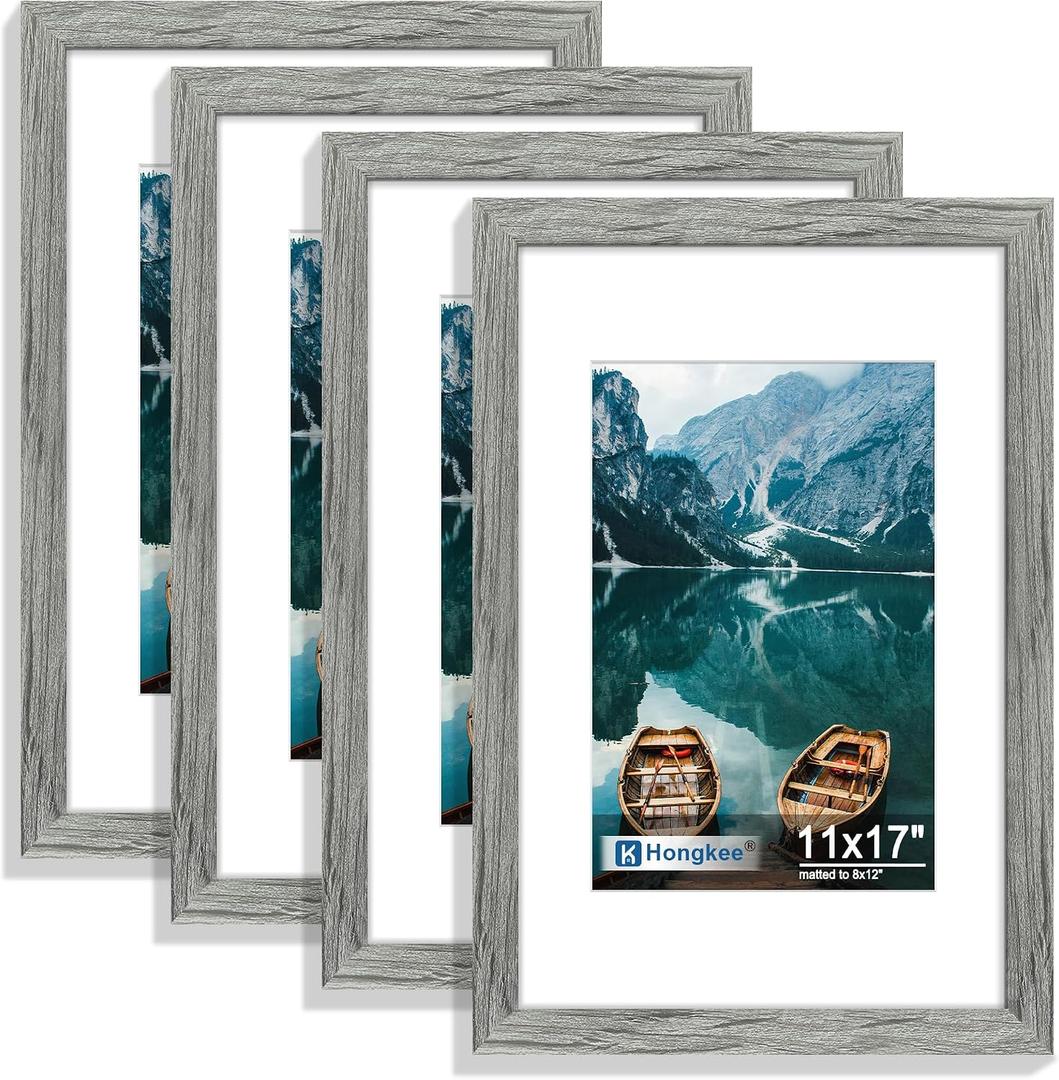 Hongkee 11x17 Picture Frame Set of 4, 11 x 17 Grey Wood Style(Mat 8x12), 11X17 in