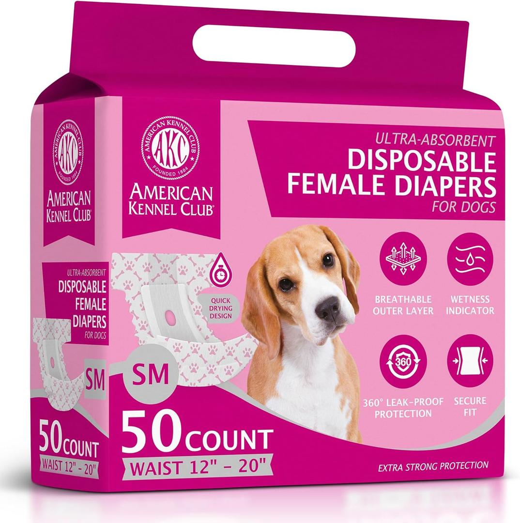 American Kennel Club Female Dog Wrap, Disposable Diapers with Wetness Indicator, Small-Medium, 50 Count