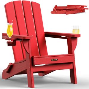 Folding Adirondack Chair, HDPE All-Weather Fire Pit Chairs, Plastic Adirondack Chairs with 2 Cup Holder, Outdoor Lawn Chair for Patio Garden (Red)