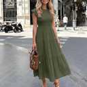 ZESICA Women's 2026 Summer Casual Flutter Short Sleeve Crew Neck Smocked Elastic Waist Tiered Midi Dress (Green, XXL)