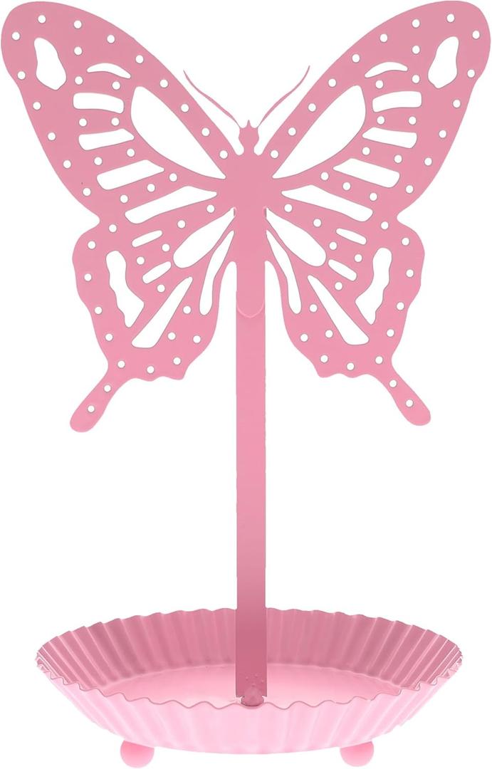 Top Brass Butterfly Earring Holder Organizer Metal Standing Jewelry Tree Display with Ring Tray (Pink)