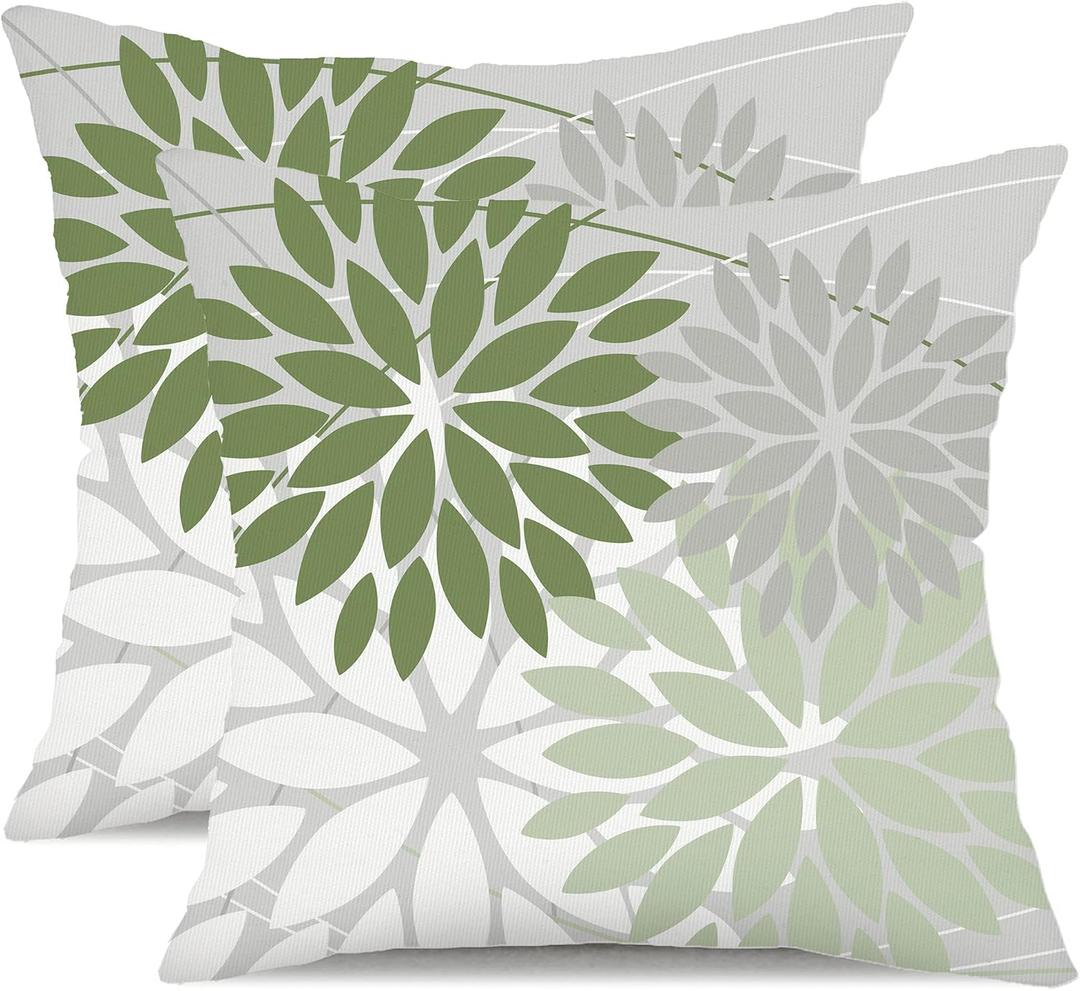 DFXSZ Outdoor Throw Pillow Covers 16x16 Inch Set of 2 Waterproof Spring Summer Geometric Elegant White Green Outdoor Pillow Covers for Patio Funiture Garden Couch 158D16