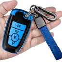 Sindeda for Ford Key Fob Cover with Keychain Soft Full Protection Key Shell Key Case Compatible with Mustang Fusion Raptor F150 Explorer Expedition Lincoln Aviator Corsair (Blue, 4 Buttons)