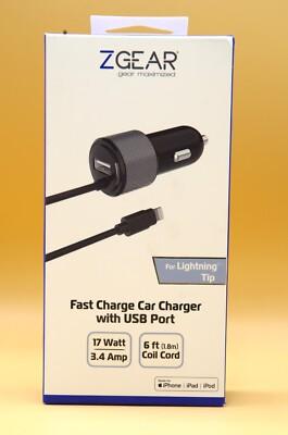 ZGEAR Fast Car Charger For W/ USB Port - 17 Watt 6 Foot Coil Cord